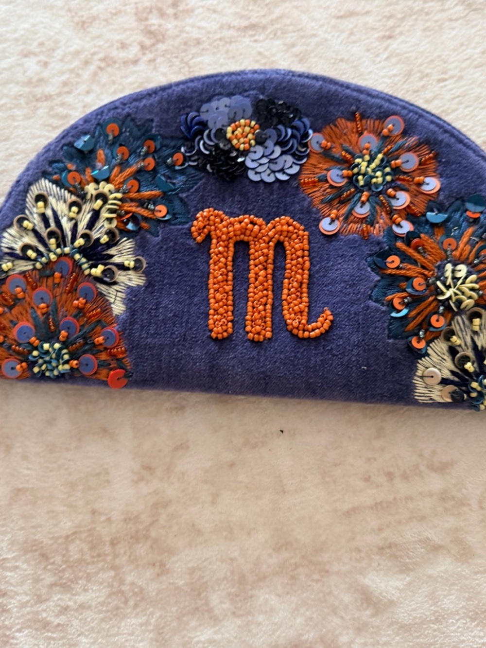 Embellished Navy Beaded Clutch with Orange Monogram